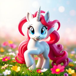 A stunning 3D rendition of a magical white unicorn with a striking red mane and tail, styled in a My Little Pony (MLP) fashion