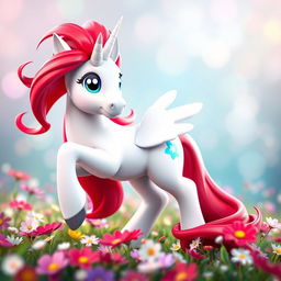 A stunning 3D rendition of a magical white unicorn with a striking red mane and tail, styled in a My Little Pony (MLP) fashion