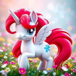 A stunning 3D rendition of a magical white unicorn with a striking red mane and tail, styled in a My Little Pony (MLP) fashion