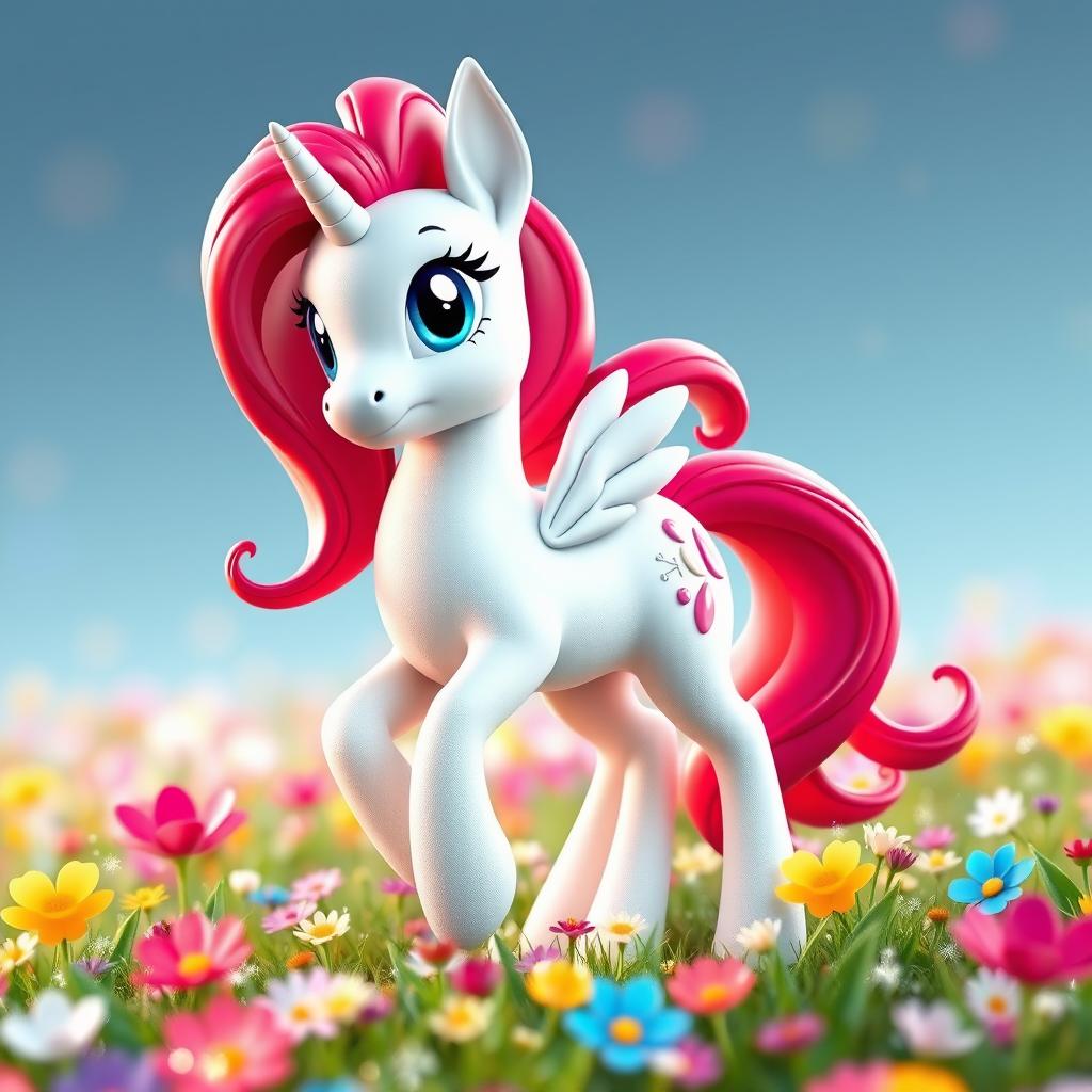 A stunning 3D rendition of a magical white unicorn with a striking red mane and tail, styled in a My Little Pony (MLP) fashion