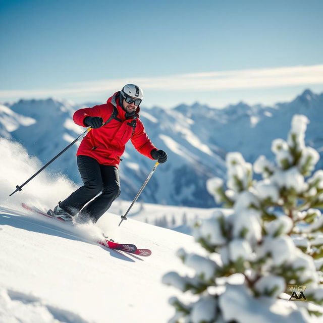 A skilled man skiing gracefully down a snow-covered slope, wearing a vibrant red ski jacket and black ski pants, with a backdrop of majestic mountains and bright blue sky