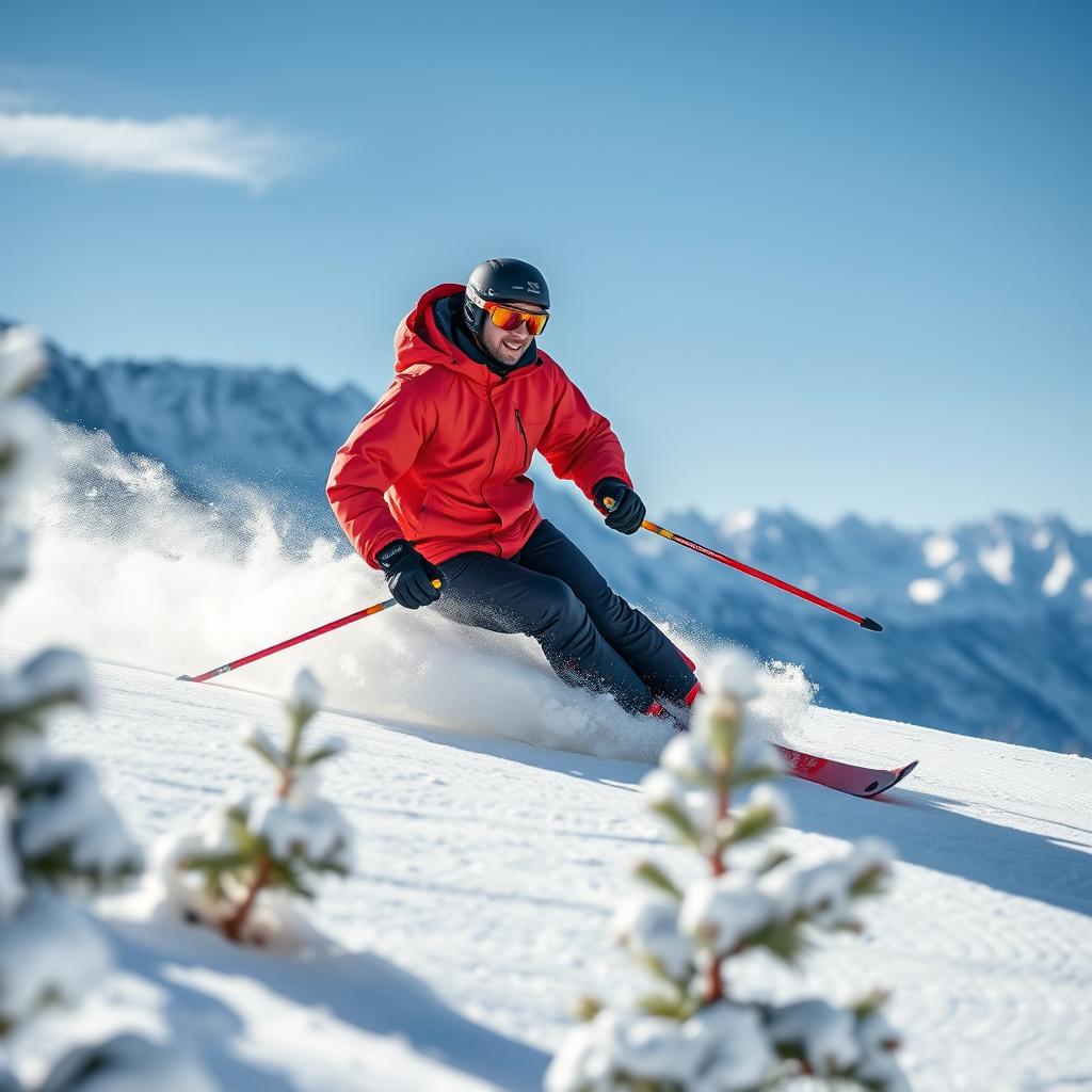 A skilled man skiing gracefully down a snow-covered slope, wearing a vibrant red ski jacket and black ski pants, with a backdrop of majestic mountains and bright blue sky