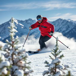 A skilled man skiing gracefully down a snow-covered slope, wearing a vibrant red ski jacket and black ski pants, with a backdrop of majestic mountains and bright blue sky