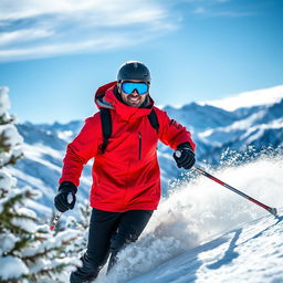 A skilled man skiing gracefully down a snow-covered slope, wearing a vibrant red ski jacket and black ski pants, with a backdrop of majestic mountains and bright blue sky