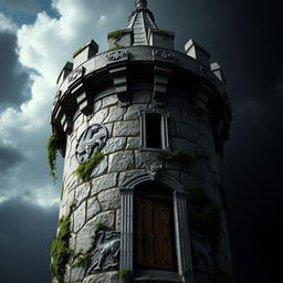 A detailed and realistic texture of a turret for a fantasy castle, showcasing weathered stone, moss, and ivy growing along its surface