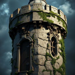 A detailed and realistic texture of a turret for a fantasy castle, showcasing weathered stone, moss, and ivy growing along its surface
