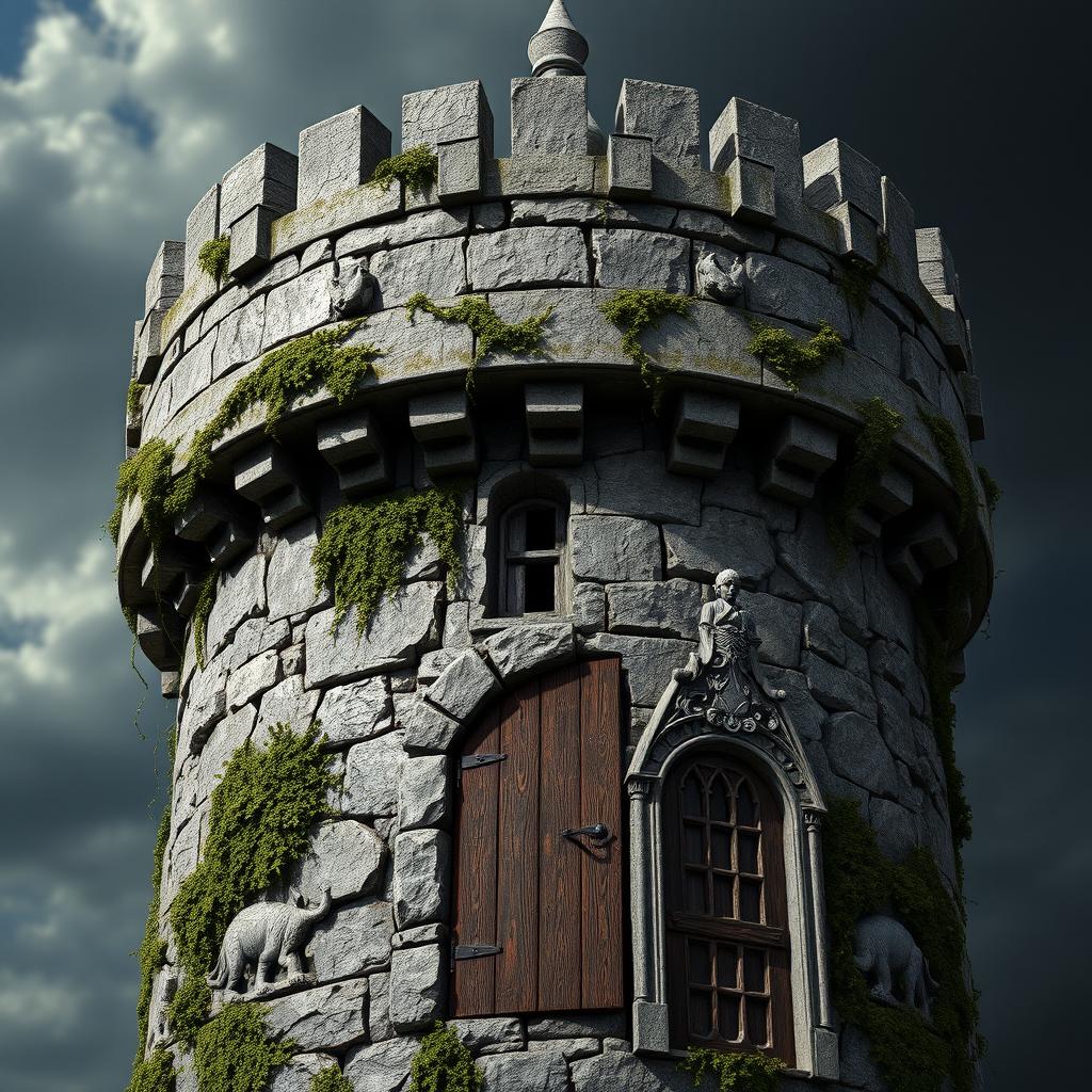 A detailed and realistic texture of a turret for a fantasy castle, showcasing weathered stone, moss, and ivy growing along its surface