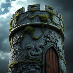 A detailed and realistic texture of a turret for a fantasy castle, showcasing weathered stone, moss, and ivy growing along its surface