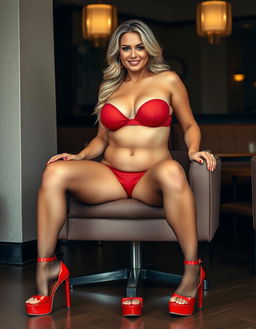 A glamorous image of a tanned skin, busty blonde Arab milf, characterized as a 45-year-old teacher, seated elegantly in a lounge