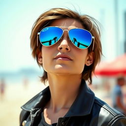 A cool, stylish person wearing aviator sunglasses, standing confidently with a relaxed expression