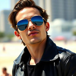 A cool, stylish person wearing aviator sunglasses, standing confidently with a relaxed expression