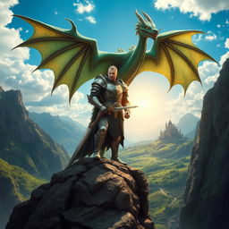 A majestic dragon's knight stands proudly atop a rocky precipice, clad in intricately designed armor that gleams under the sun