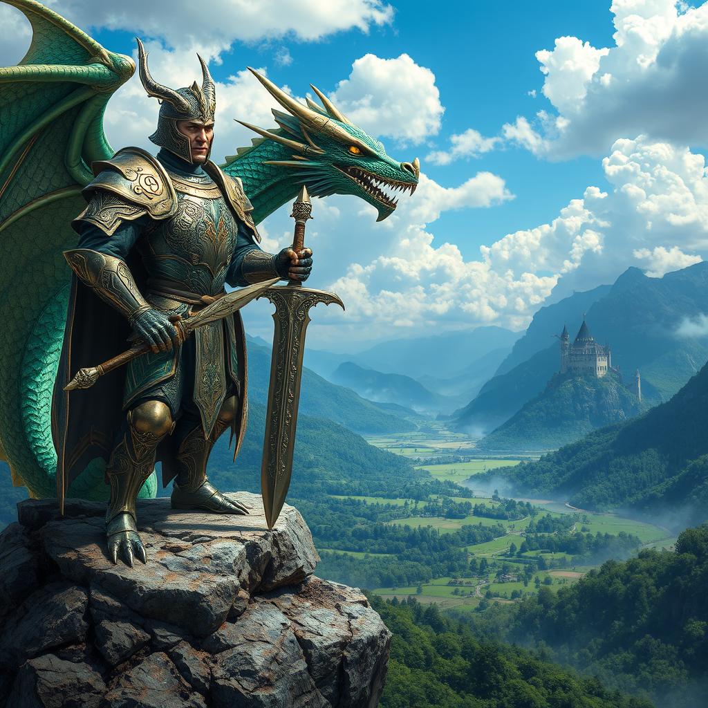 A majestic dragon's knight stands proudly atop a rocky precipice, clad in intricately designed armor that gleams under the sun