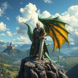 A majestic dragon's knight stands proudly atop a rocky precipice, clad in intricately designed armor that gleams under the sun
