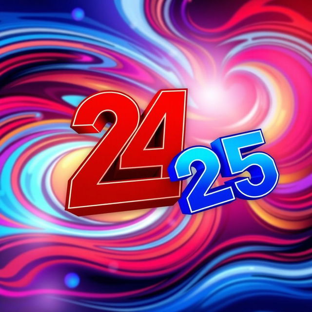 A dynamic and colorful graphic design featuring the number 24 in bright red and the number 25 in striking blue