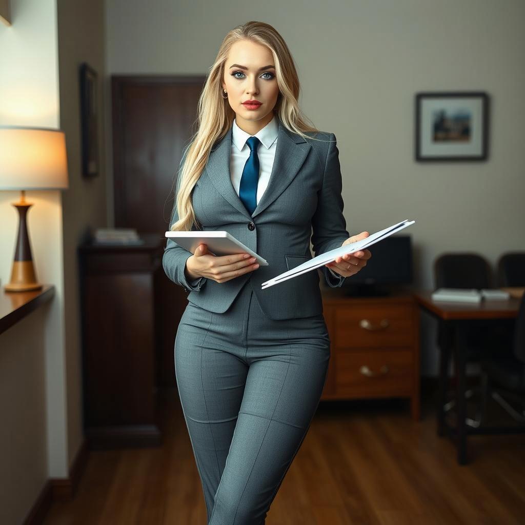 A full-length photographic image of a striking young woman with long, flowing hair, standing confidently in a modern office environment