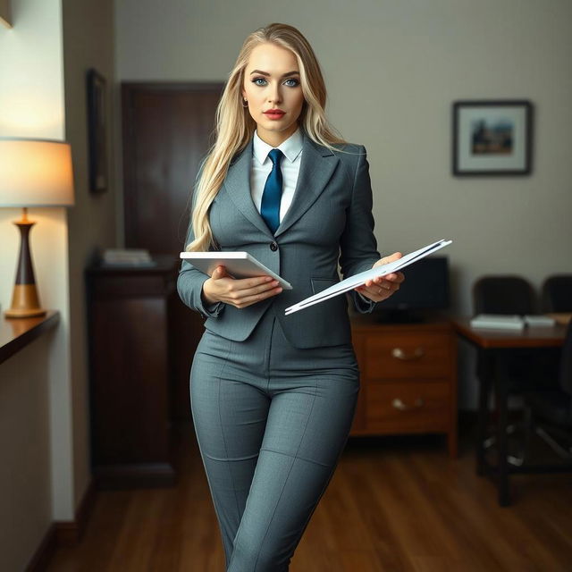 A full-length photographic image of a striking young woman with long, flowing hair, standing confidently in a modern office environment