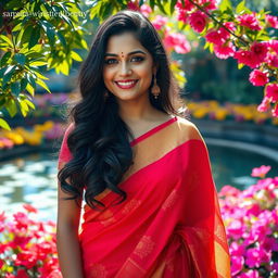 Anushka Shetty, the famous Indian actress, standing in a vibrant floral garden, surrounded by colorful blooms