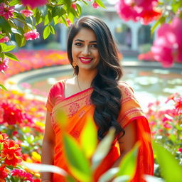 Anushka Shetty, the famous Indian actress, standing in a vibrant floral garden, surrounded by colorful blooms