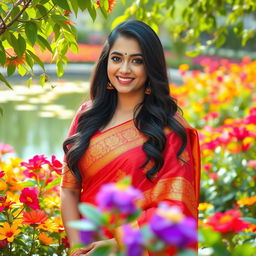 Anushka Shetty, the famous Indian actress, standing in a vibrant floral garden, surrounded by colorful blooms