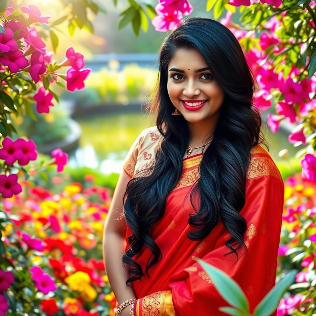 Anushka Shetty, the famous Indian actress, standing in a vibrant floral garden, surrounded by colorful blooms