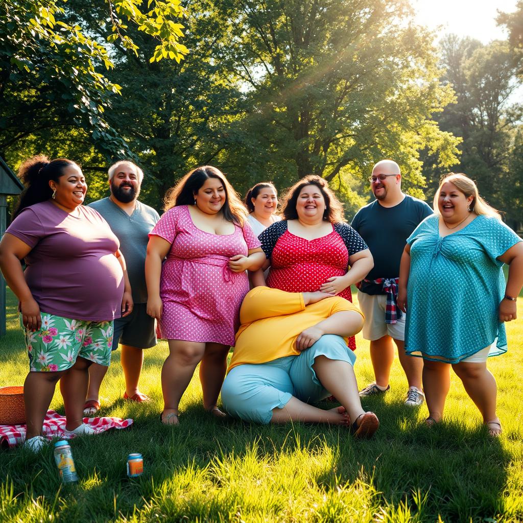 A vibrant and diverse scene showcasing a group of cheerful and confident obese individuals enjoying a sunny day in a park