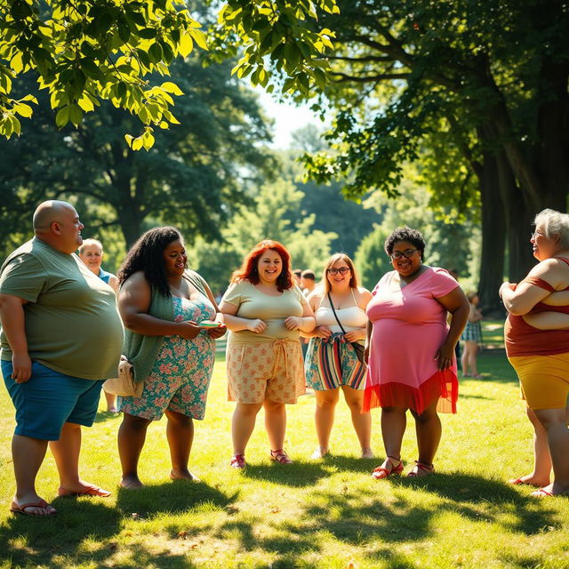 A vibrant and diverse scene showcasing a group of cheerful and confident obese individuals enjoying a sunny day in a park