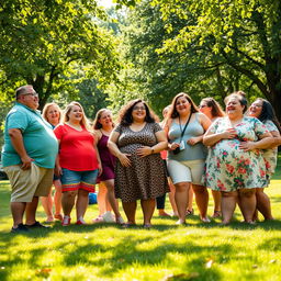 A vibrant and diverse scene showcasing a group of cheerful and confident obese individuals enjoying a sunny day in a park