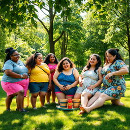 A vibrant and diverse scene showcasing a group of cheerful and confident obese individuals enjoying a sunny day in a park