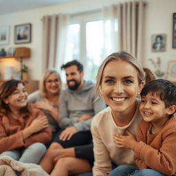 A warm and inviting family scene in a cozy living room, where a woman with a striking smile and expressive eyes is happily spending time with her family