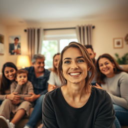 A warm and inviting family scene in a cozy living room, where a woman with a striking smile and expressive eyes is happily spending time with her family
