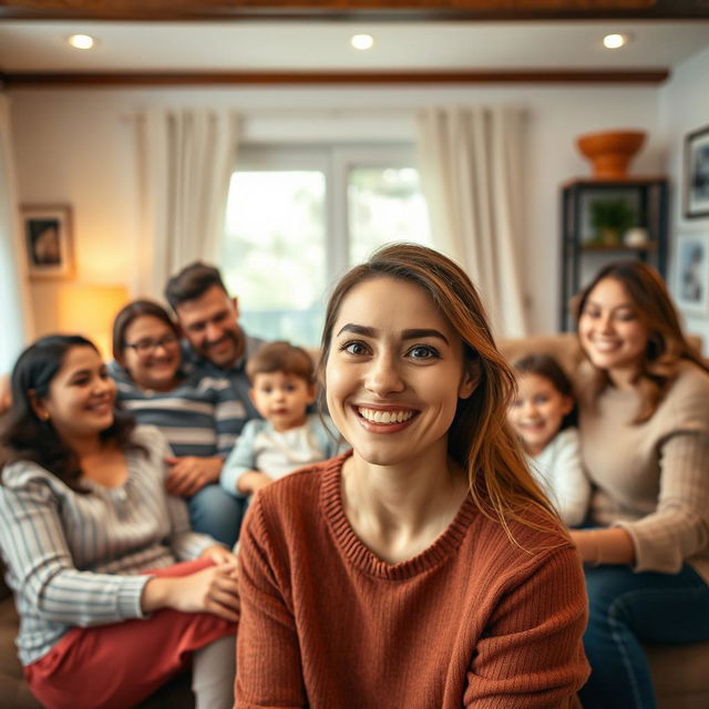 A warm and inviting family scene in a cozy living room, where a woman with a striking smile and expressive eyes is happily spending time with her family