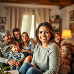 A warm and inviting family scene in a cozy living room, where a woman with a striking smile and expressive eyes is happily spending time with her family