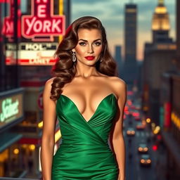 A glamorous woman in a stunning green dress, reminiscent of a classic 1950s style