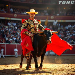 A majestic scene of a torero capturing the essence of Spanish bullfighting, dressed in a traditional traje de luces (suit of lights) featuring intricate golden embroidery and vibrant colors like deep reds and bright yellows