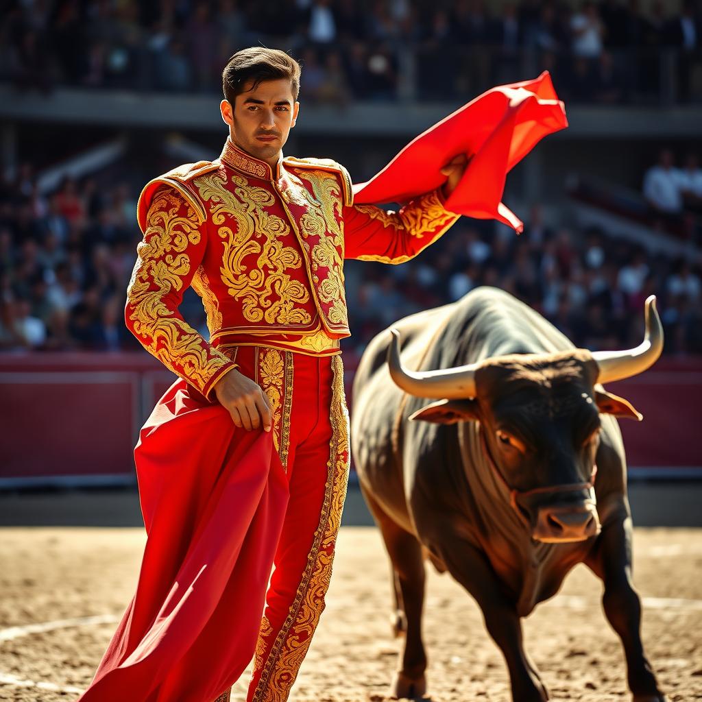 A majestic scene of a torero capturing the essence of Spanish bullfighting, dressed in a traditional traje de luces (suit of lights) featuring intricate golden embroidery and vibrant colors like deep reds and bright yellows