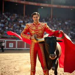 A majestic scene of a torero capturing the essence of Spanish bullfighting, dressed in a traditional traje de luces (suit of lights) featuring intricate golden embroidery and vibrant colors like deep reds and bright yellows