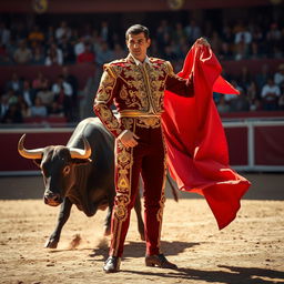 A majestic scene of a torero capturing the essence of Spanish bullfighting, dressed in a traditional traje de luces (suit of lights) featuring intricate golden embroidery and vibrant colors like deep reds and bright yellows