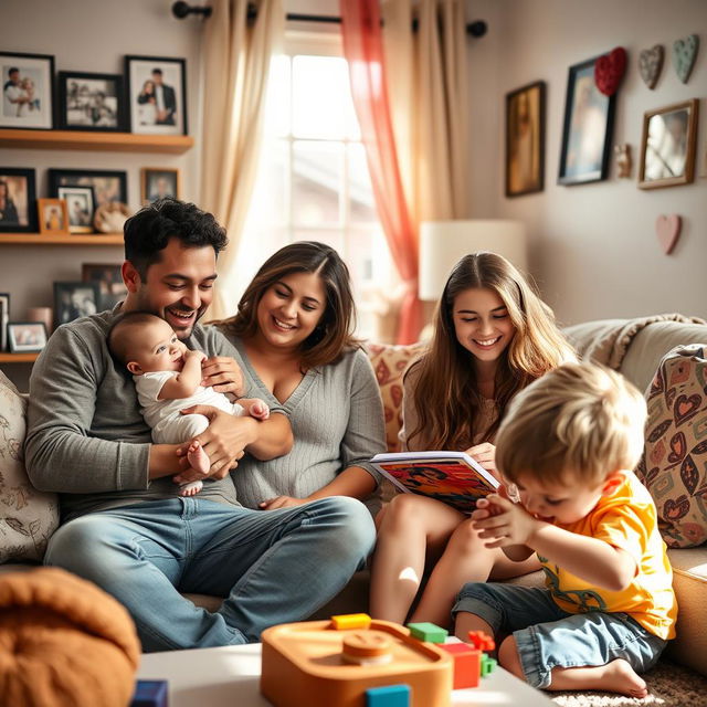 An intimate family gathering in a cozy living room