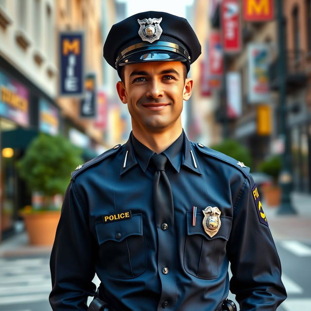 A full body portrait of a confident police officer standing with a teasing mean smile