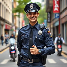 A full body portrait of a confident police officer standing with a teasing mean smile