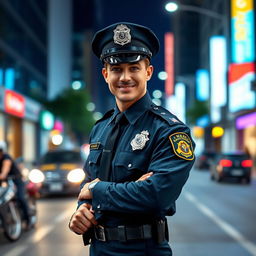 A full body portrait of a confident police officer standing with a teasing mean smile