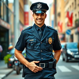 A full body portrait of a confident police officer standing with a teasing mean smile