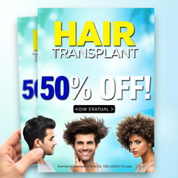 A vibrant and eye-catching flyer for a hair transplant service offering a 50% discount