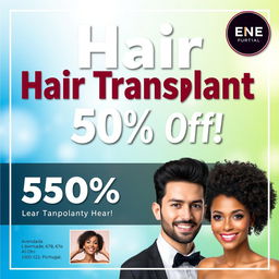 A vibrant and eye-catching flyer for a hair transplant service offering a 50% discount
