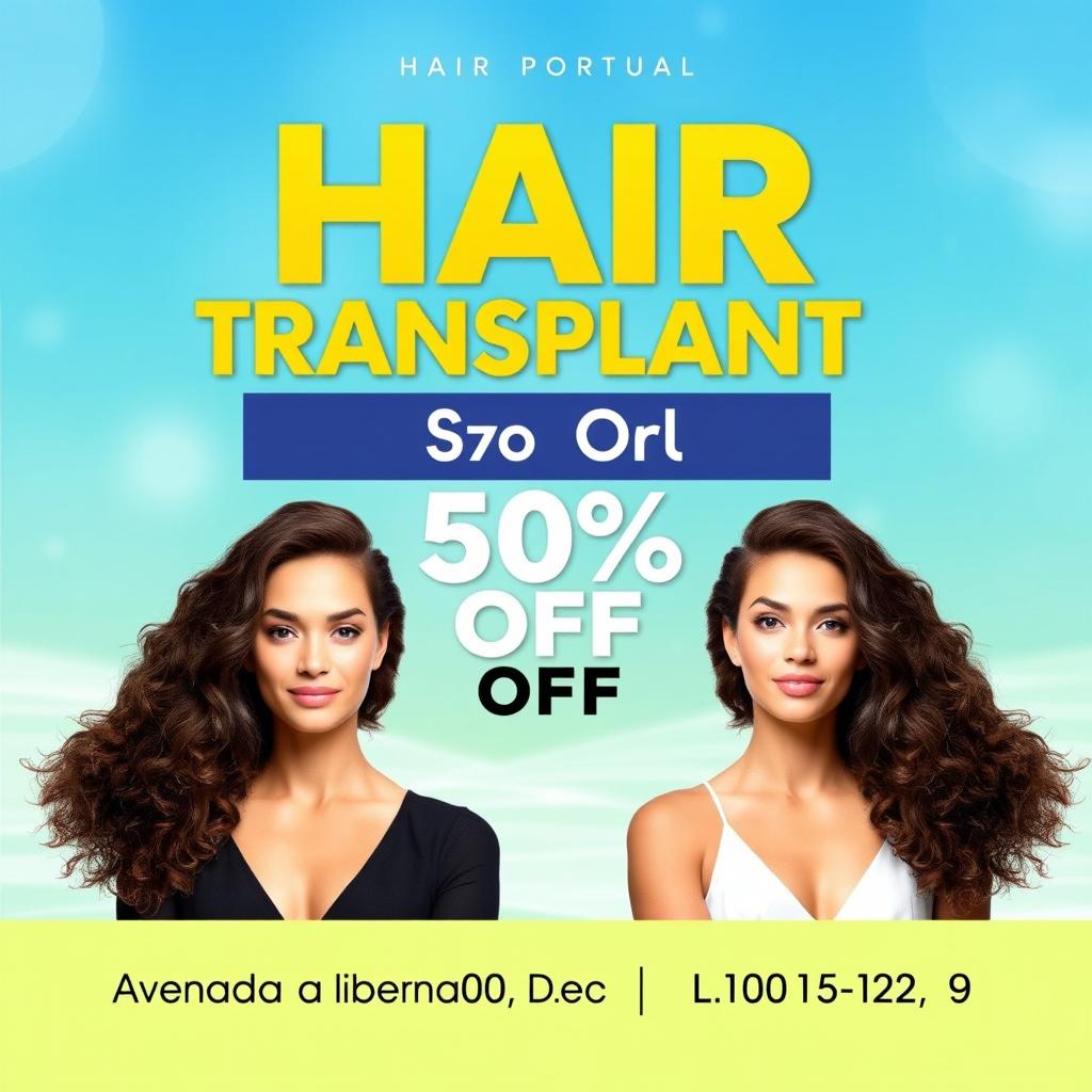 A vibrant and eye-catching flyer for a hair transplant service offering a 50% discount