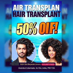 A vibrant and eye-catching flyer for a hair transplant service offering a 50% discount