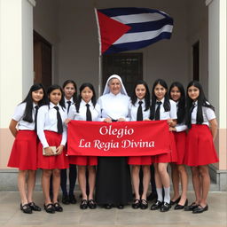 A group of adolescent girls in stylish uniforms, featuring a bright red skirt, crisp white blouse, and a striking red tie, complete with elegant long stockings and shiny black shoes