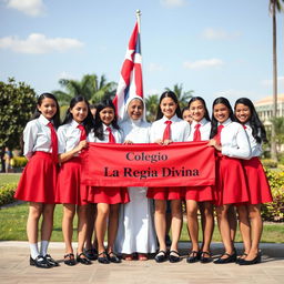 A group of adolescent girls in stylish uniforms, featuring a bright red skirt, crisp white blouse, and a striking red tie, complete with elegant long stockings and shiny black shoes