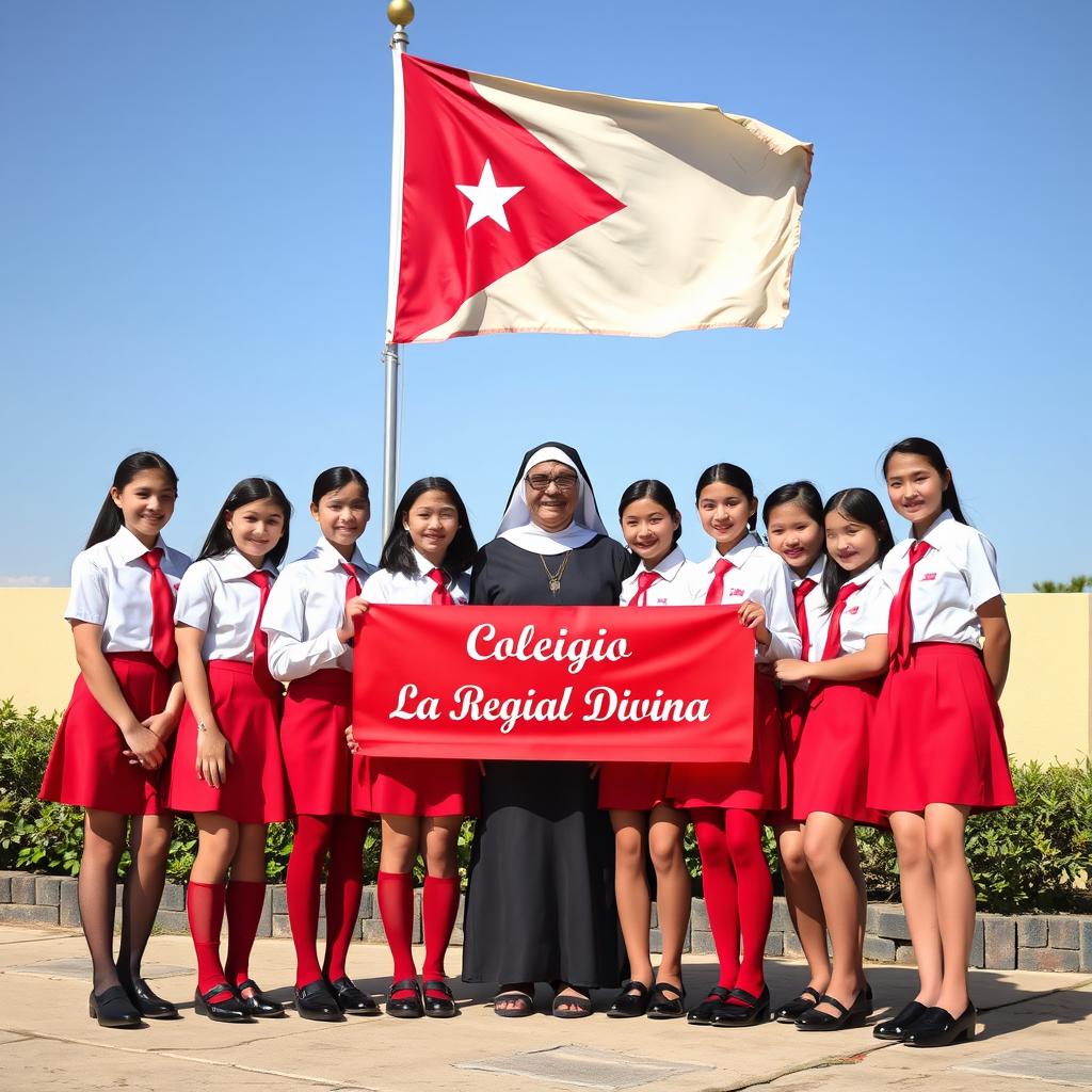 A group of adolescent girls in stylish uniforms, featuring a bright red skirt, crisp white blouse, and a striking red tie, complete with elegant long stockings and shiny black shoes